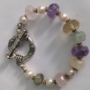 New Multicolor Gemstone Beaded Bracelet Genuine Gem, pearl, Silver, Toggle Clasp